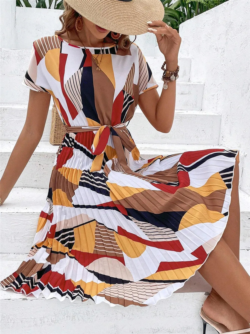 Naomi™ | Lace-Up Pleated Midi Dress